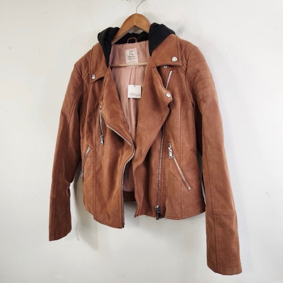 We The Free by Free People Harriett Tan Leather Jacket with Hood, Size M, NWT - Picture 1 of 7